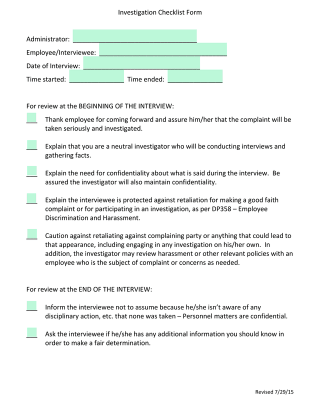 Investigation Checklist Form screenshot