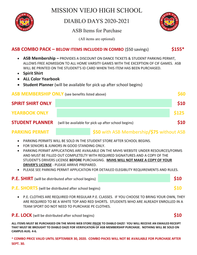 ASB Combo Pack And School Items Order Form screenshot