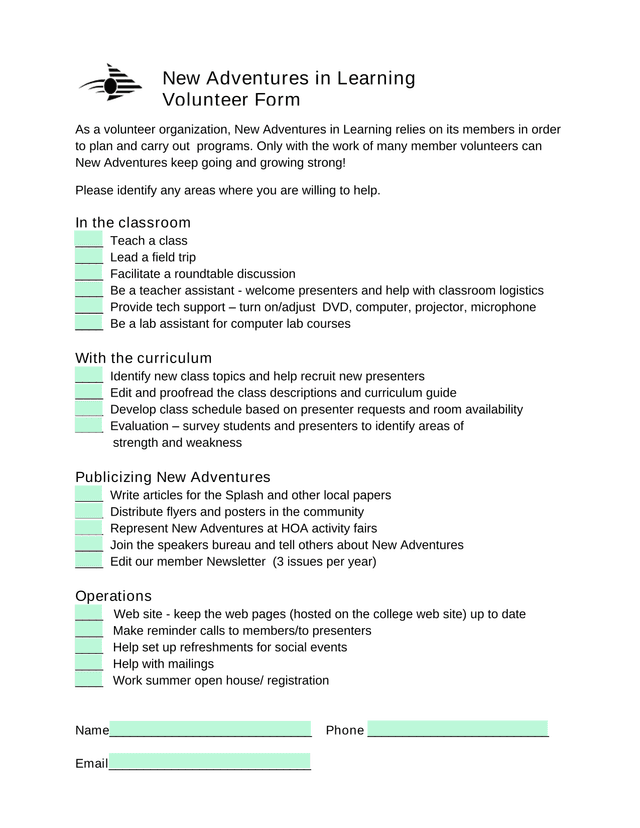 New Adventures In Learning Volunteer Form screenshot