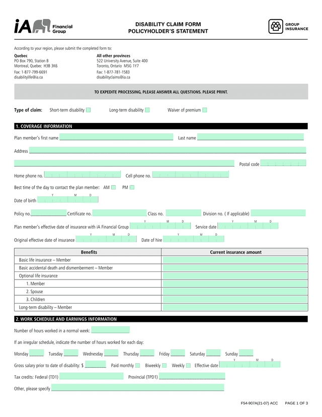 Disability Claim Form screenshot
