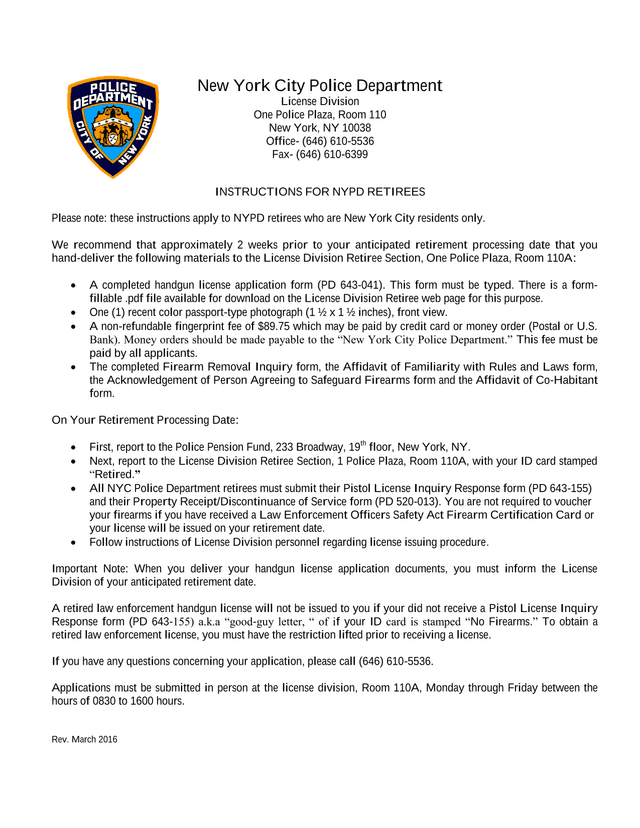 NYPD Retirees Handgun License Application Instructions screenshot