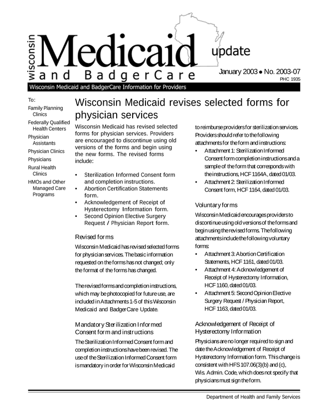 Wisconsin Medicaid Physician Services Forms Update screenshot