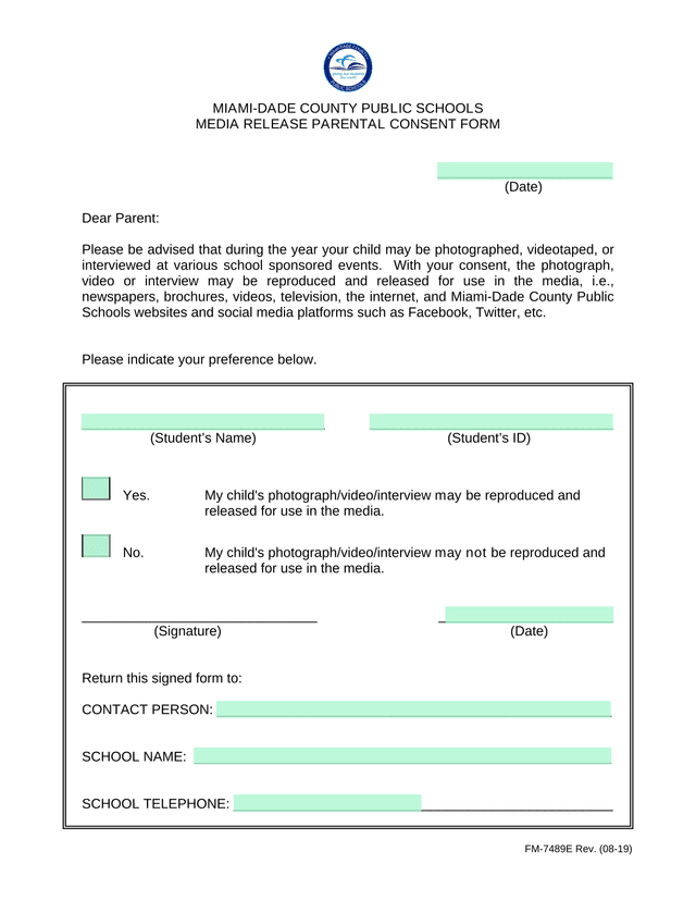 MIAMI DADE COUNTY PUBLIC SCHOOLS MEDIA RELEASE PARENTAL CONSENT FORM screenshot