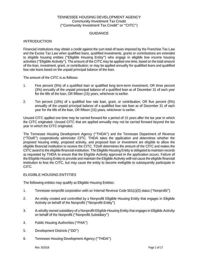 Community Investment Tax Credit (CITC) Guidance screenshot