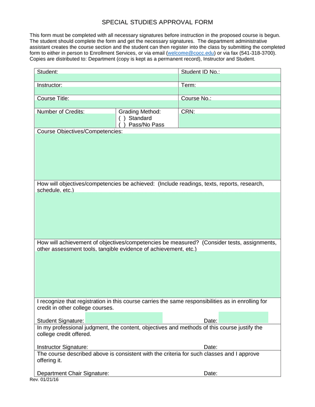 Special Studies Approval Form screenshot