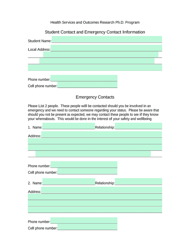 Health Services And Outcomes Research Ph.D. Program Student Contact And Emergency Contact Informatio screenshot