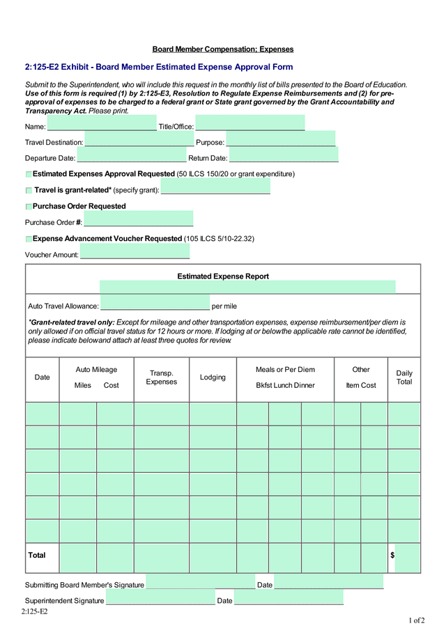 Board Member Estimated Expense Approval Form screenshot
