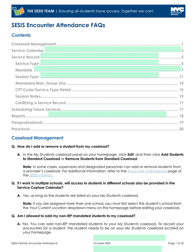 SESIS Encounter Attendance FAQs screenshot