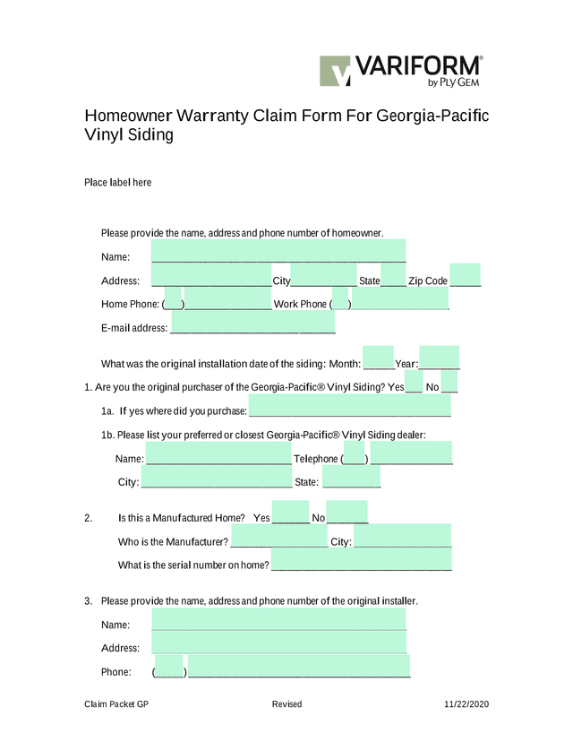 Homeowner Warranty Claim Form For Georgia Pacific Vinyl Siding screenshot