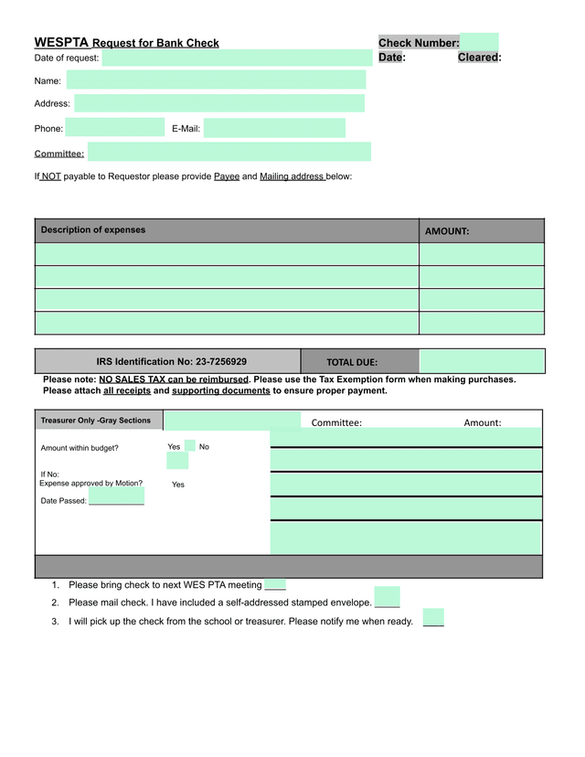 WESPTA Request For Bank Check screenshot
