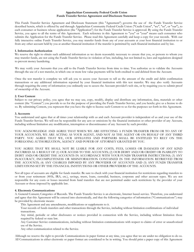 Funds Transfer Service Agreement And Disclosure Statement screenshot