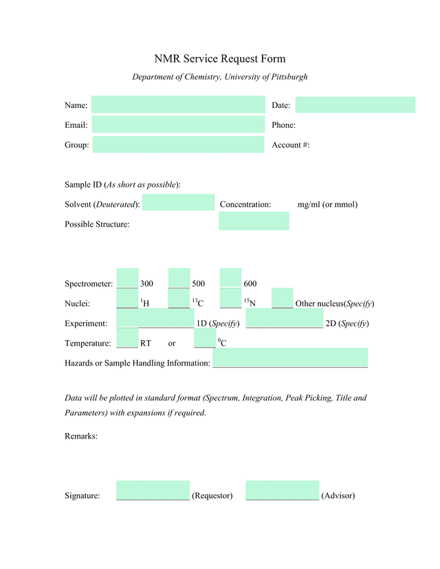NMR Service Request Form screenshot
