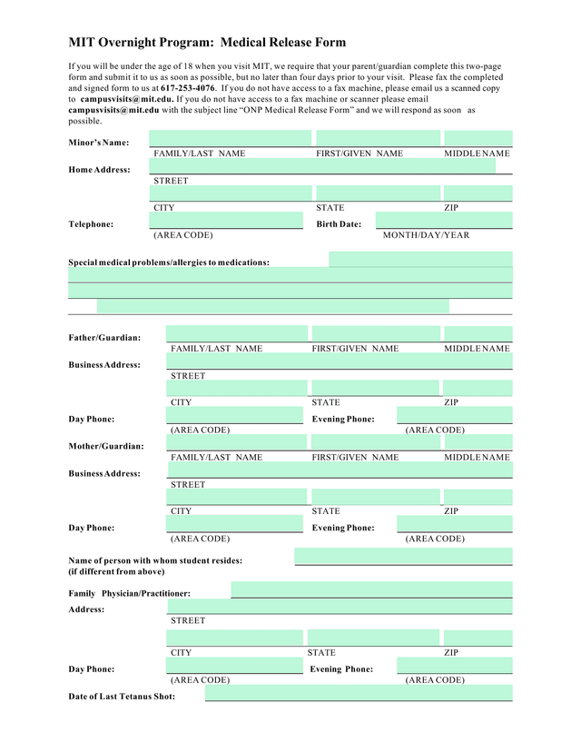 MIT Overnight Program Medical Release Form screenshot