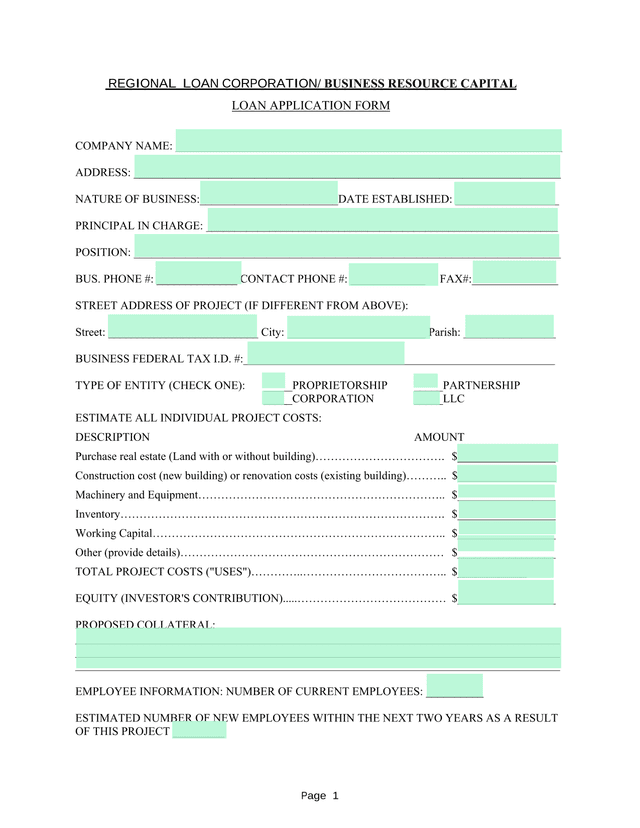 REGIONAL LOAN CORPORATION BUSINESS RESOURCE CAPITAL LOAN APPLICATION FORM screenshot