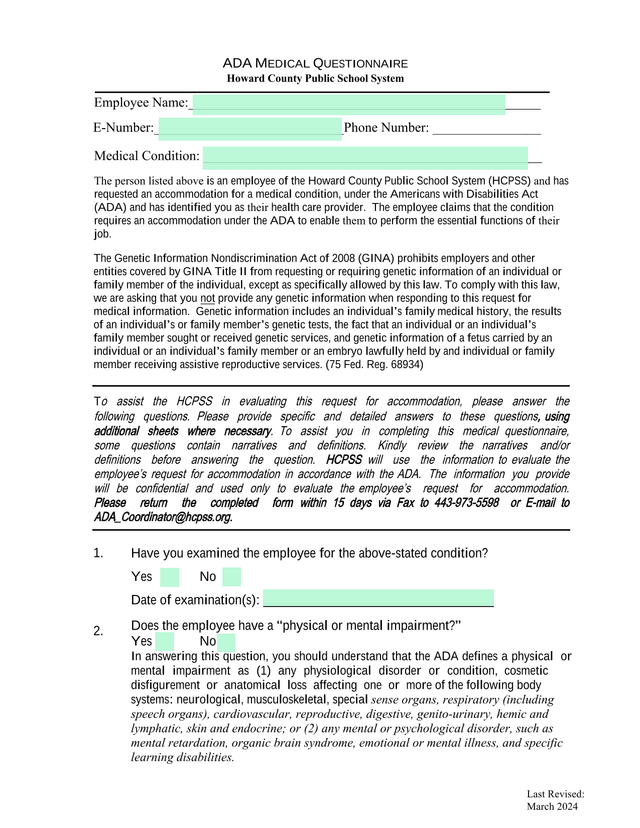 ADA Medical Questionnaire screenshot