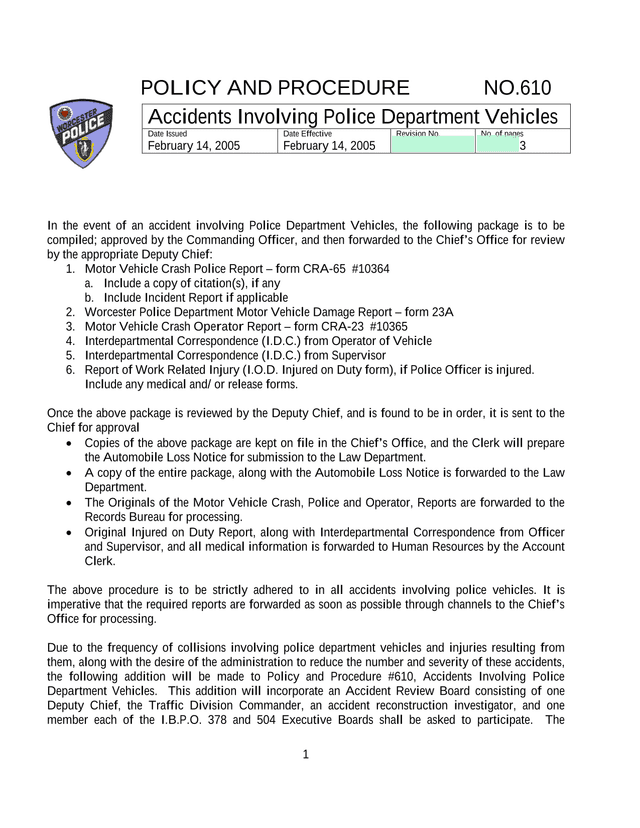 Policy And Procedure 610   Accidents Involving Police Department Vehicles screenshot