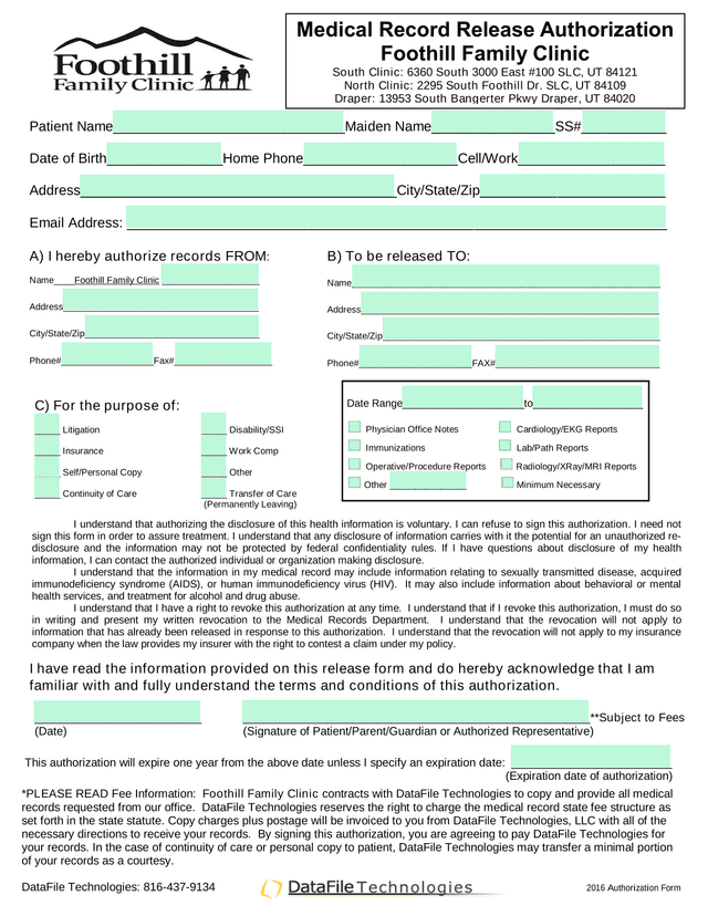Medical Record Release Authorization screenshot