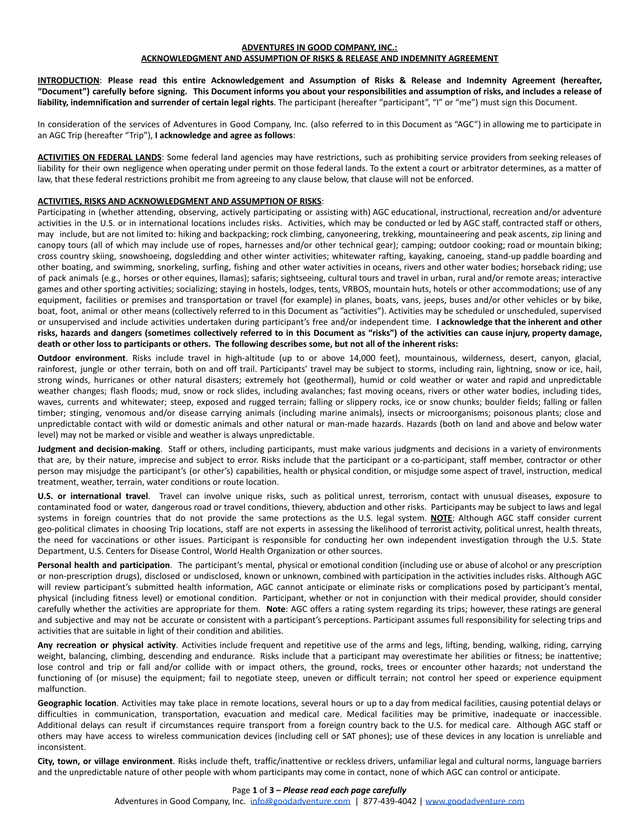 ADVENTURES IN GOOD COMPANY, INC. ACKNOWLEDGMENT AND ASSUMPTION OF RISKS  RELEASE AND INDEMNITY AGREE screenshot