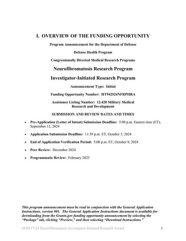 DOD FY24 Neurofibromatosis Investigator Initiated Research Award screenshot
