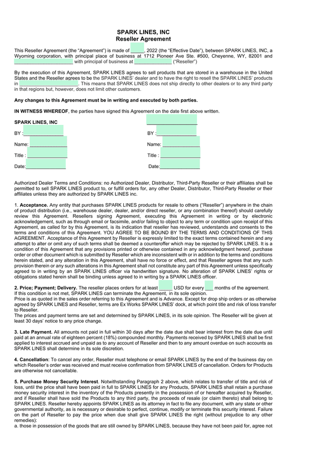 Reseller Agreement screenshot