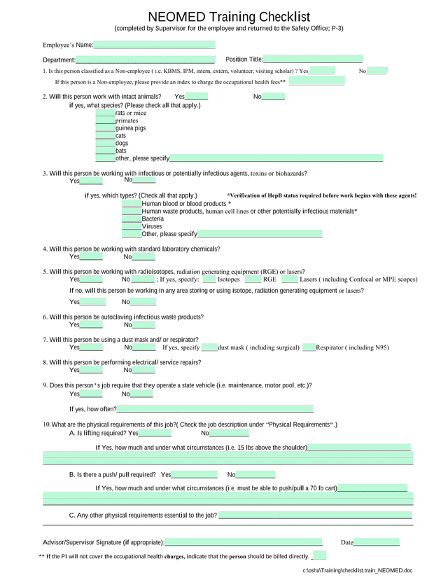 NEOMED Training Checklist screenshot