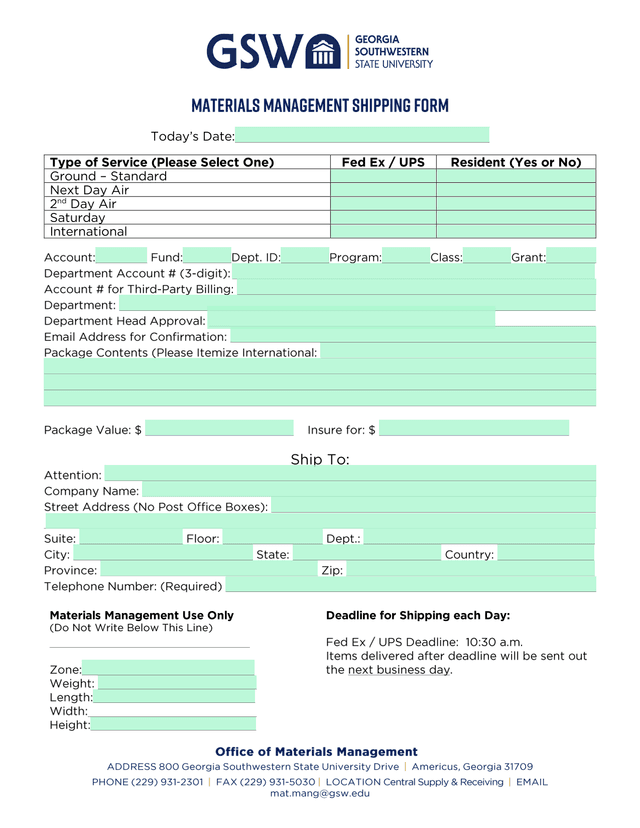 Shipping Service Request Form screenshot
