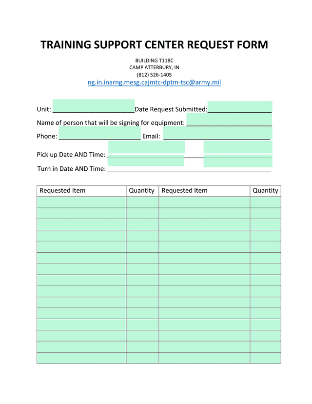 Training Support Center Request Form screenshot