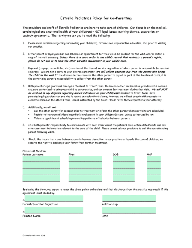 Estrella Pediatrics Policy For Co Parenting screenshot