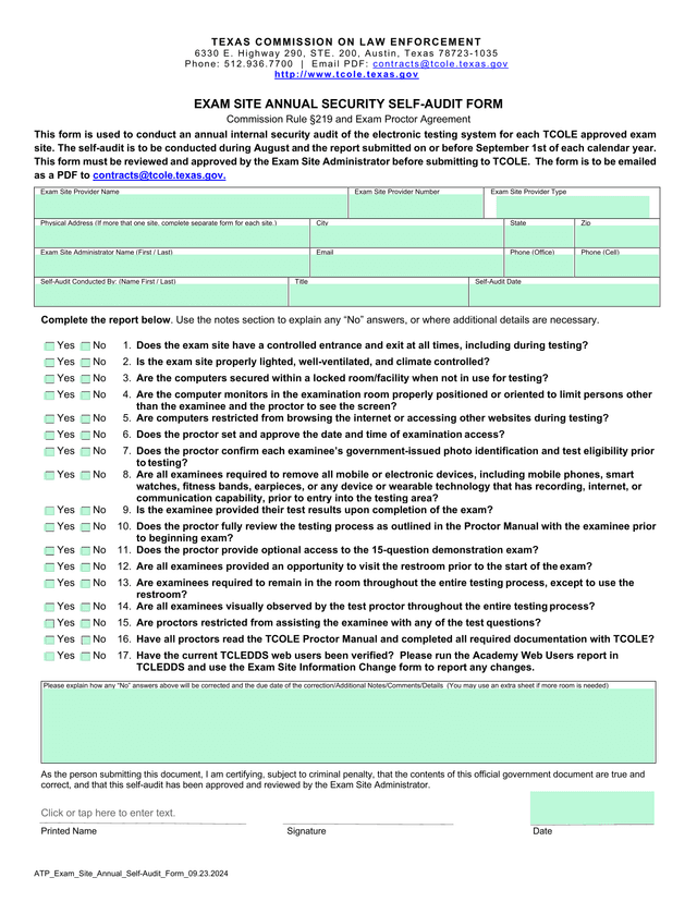 Exam Site Annual Security Self Audit Form screenshot