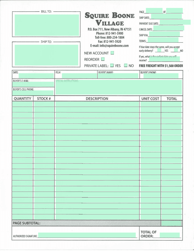 Squire Boone Village Order Form screenshot