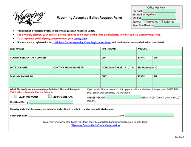 Wyoming Absentee Ballot Request Form screenshot