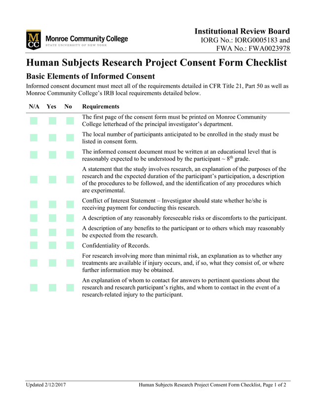 Human Subjects Research Project Consent Form Checklist screenshot