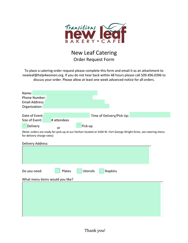 New Leaf Catering Order Request Form screenshot
