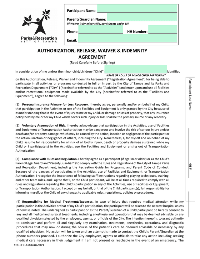 AUTHORIZATION, RELEASE, WAIVER  INDEMNITY AGREEMENT screenshot