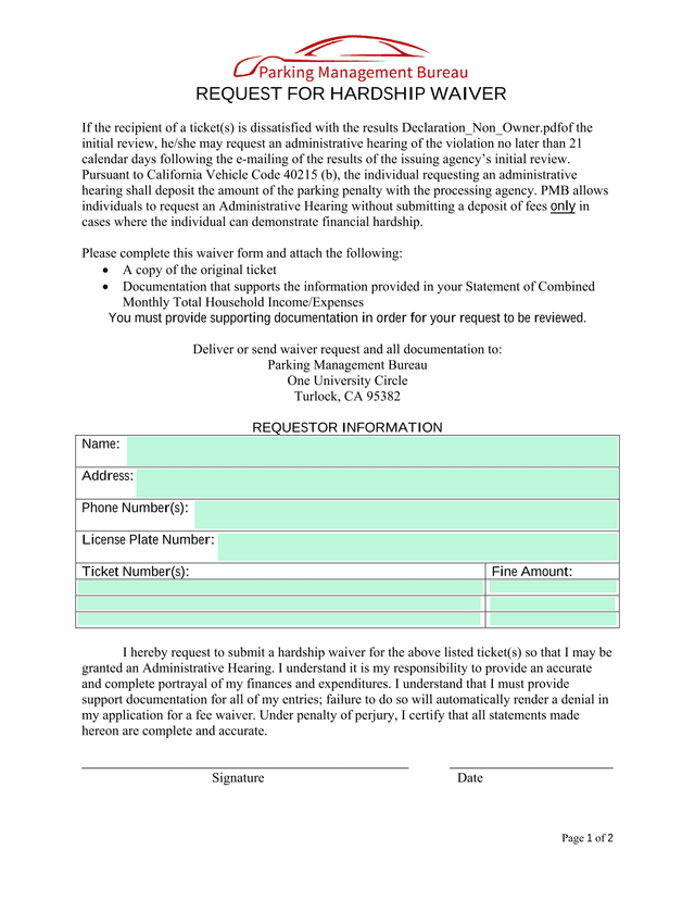 REQUEST FOR HARDSHIP WAIVER screenshot