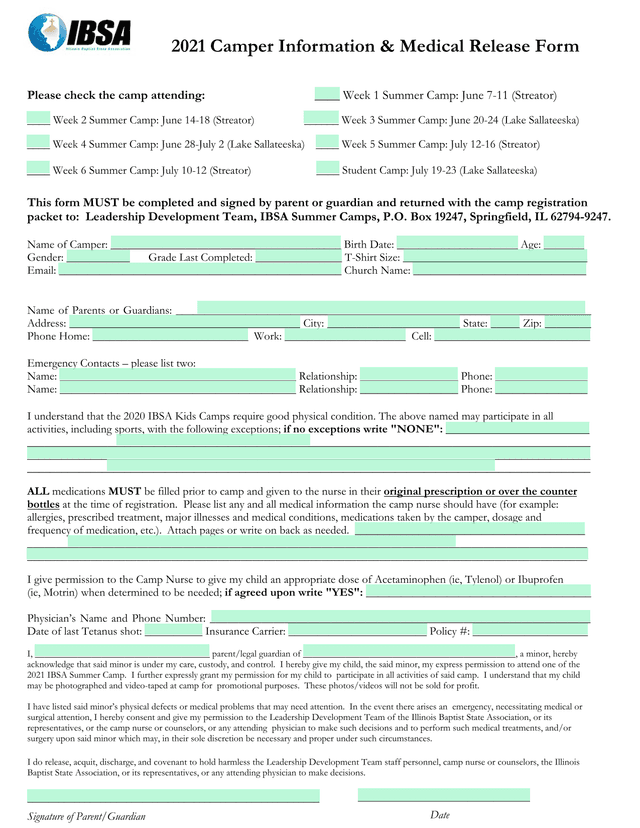 2021 Camper Information  Medical Release Form screenshot