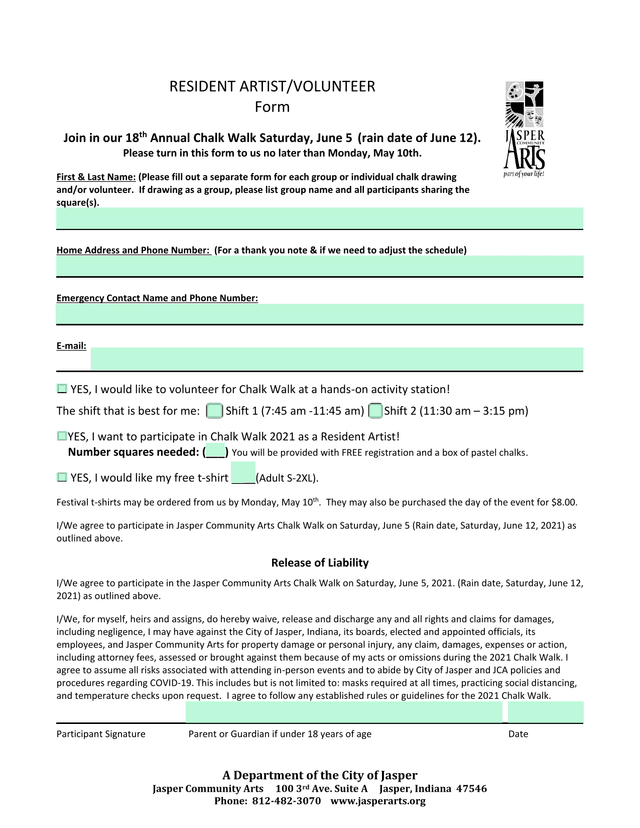 Resident ArtistVolunteer Form screenshot