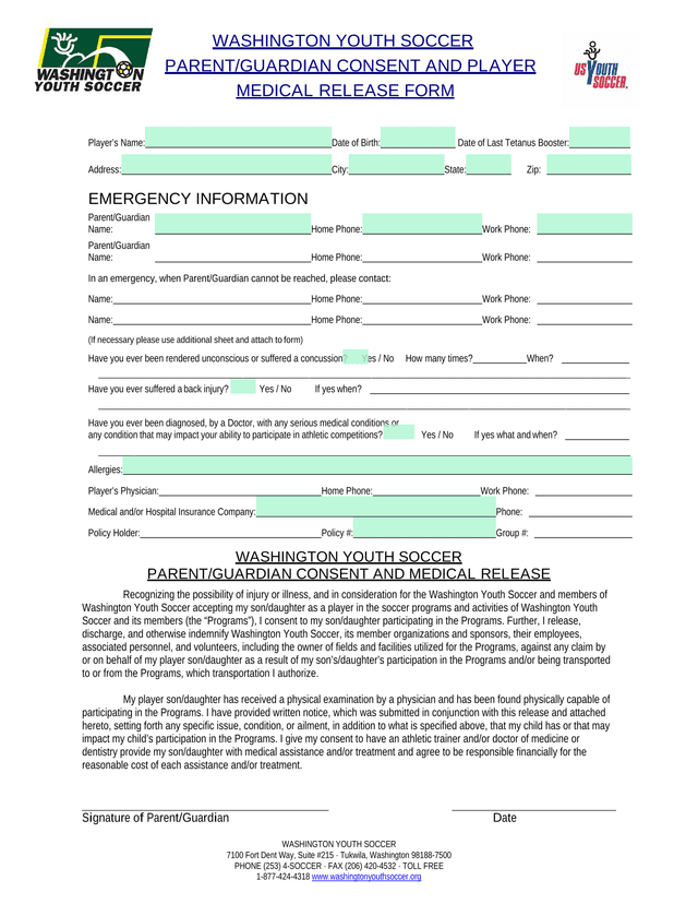 WASHINGTON YOUTH SOCCER PARENTGUARDIAN CONSENT AND PLAYER MEDICAL RELEASE FORM screenshot