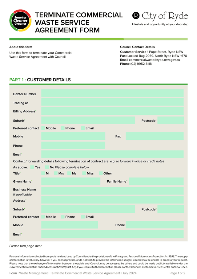 Terminate Commercial Waste Service Agreement Form screenshot