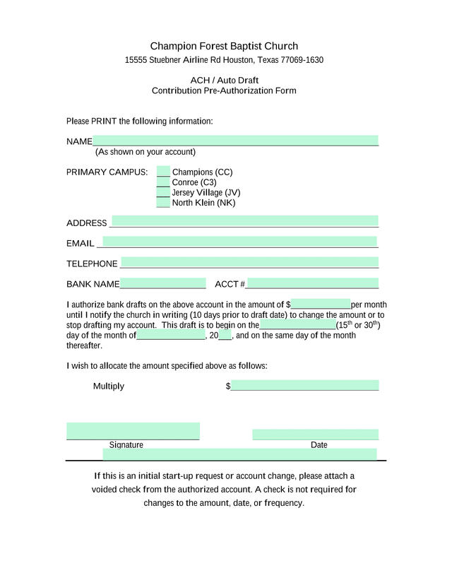 ACH  Auto Draft Contribution Pre Authorization Form screenshot