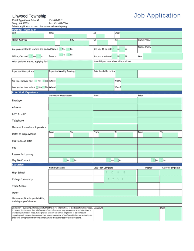 Linwood Township Job Application screenshot