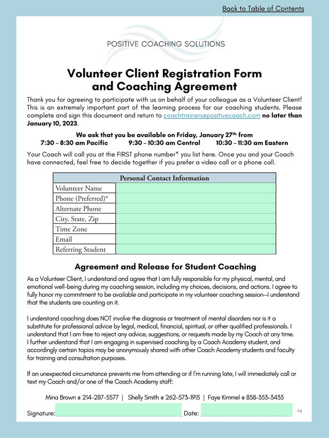 Agreement And Release For Student Coaching screenshot