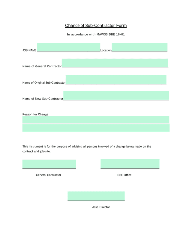 Change Of Sub Contractor Form screenshot