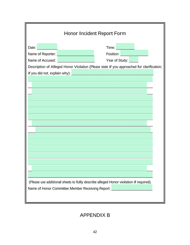 Honor Incident Report Form screenshot