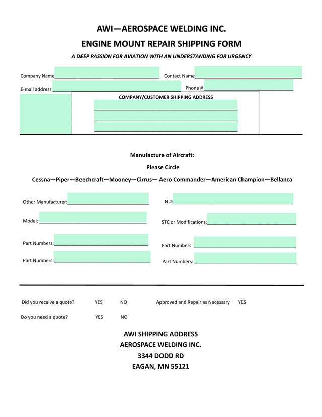 Engine Mount Repair Shipping Form screenshot