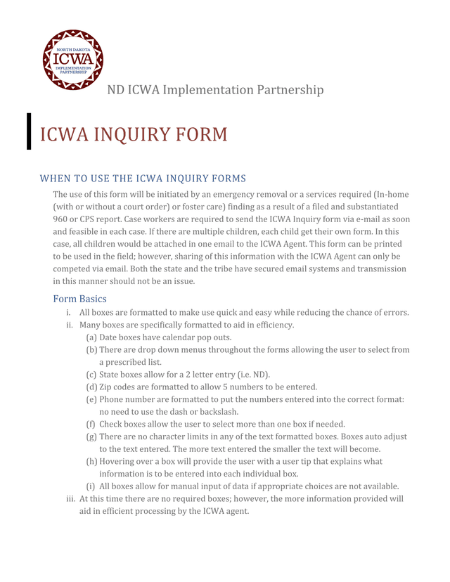 ICWA INQUIRY FORM screenshot
