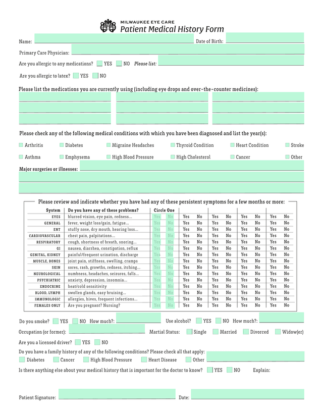 Patient Medical History Form screenshot