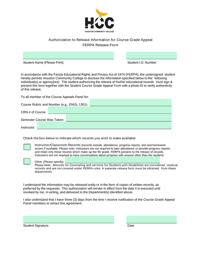 Authorization To Release Information For Course Grade Appeal FERPA Release Form screenshot