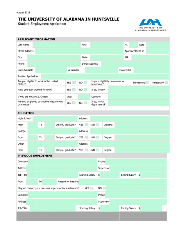 Student Employment Application screenshot