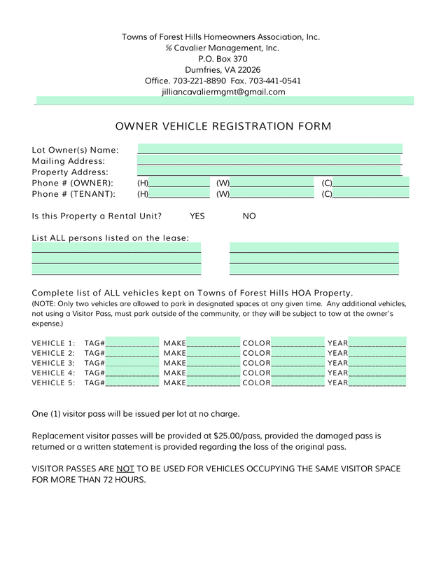 OWNER VEHICLE REGISTRATION FORM screenshot